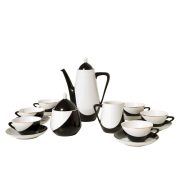 Czarno biały porcelanowy sześciosobowy serwis do kawy, Hollohaza, Węgry, lata 60.