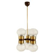 Efektowna 6-cio punktowa metalowa lampa wisząca ze szklanymi kloszami, Napako, Czechosłowacja, lata 70.