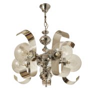 Pięciopunktowy metalowy chromowany żyrandol ze szklanymi kloszami, Hiszpania, lata 70.