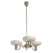 Trzypunktowa chromowana lampa wisząca Art Deco ze szklanymi kloszami, Napako, TYP č.612, Czechosłowacja, lata 30.