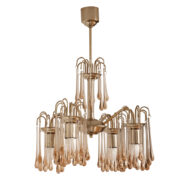 Miedziowana czteropunktowa lampa wisząca z kloszami ze szklanych różowych sopli, lata 60