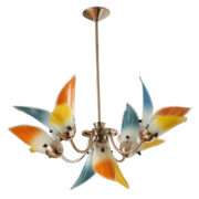 Pięciopunktowa lampa wisząca ze szklanymi kloszami na chromowanym stelarzu, Polska, lata 60.