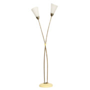 Lampa podłogowa z ceramiczną podstawą i dwoma szklanymi mleczno-białymi kloszami, Kamenický Šenov, Czechosłowacja, lata 50.