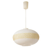 Jednopunktowy fakturowy szklany mleczno-biały żyrandol z geometrycznym złotym nadrukiem, Niemcy, lata 70.