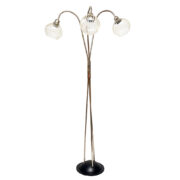 Trzypunktowa lampa podłogowa na metalowej podstawie, z giętymi chromowanymi ramionami i szklanymi kloszami, Polska, lata 70.