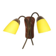 Skandynawski dwupunktowy kinkiet z miedzianymi metalowymi ramionami i żółtymi szklanymi kloszami, lata 60.