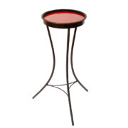 Duży metalowy kwietnik z prętów zbrojeniowych z okrągłym szklanym czerwonym blatem, Polska, lata 60.