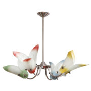 Czteropunktowa lampa wisząca  na chromowanym stelarzu ze szklanymi kloszami w kształcie liści, Polska, lata 60.