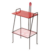 Czarny metalowy stolik pomocnik z czerwonym szklanym blatem i półką wyplataną kauczukową żyłką, Polska. lata 70.