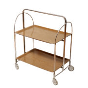 Mobilny składany wózek barowy z dwoma jasnobrązowymi laminowanymi blatami na metalowej chromowanej ramie, Niemcy, lata 60.