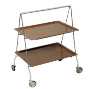 Mobilny składany wózek barowy w wersji mniejszej z dwoma laminowanymi blatami na metalowej chromowanej ramie, lata 60.