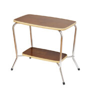 Brązowy zgrabny stolik pomocnik na metalowych giętych nogach z dwoma laminowanymi blatami, Holandia, lata 60.