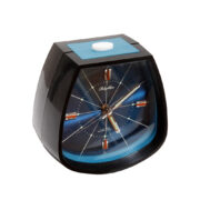 Czarny nakręcany budzik z tworzywa sztucznego Rhythm z granatową tarczą, Space Age, Japonia, lata 70.