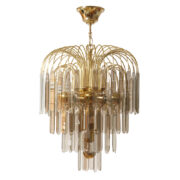 Spektakularna lampa sufitowa złożona z 86 dymionych szklanych płatków na złotej metalowej konstrukcji, Hiszpania, lata 70.