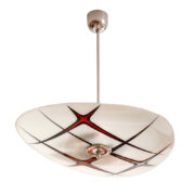 Mlecznobiała szklana trzypunktowa lampa sufitowa „Parasolka” z czerwonym ręcznie malowanym geometrycznym wzorem, Napako, Czechosłowacja, lata 60.