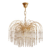 Spektakularna pięciopunktowa lampa sufitowa złożona ze szklanych wisiorków umieszczonych na złotej metalowej konstrukcji, Hiszpania, lata 70.