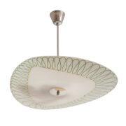 Mlecznobiała szklana trzypunktowa lampa sufitowa „Parasolka” z zielonym ręcznie malowanym wzorem i złoceniami, Napako, Czechosłowacja, lata 60.