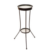 Duży dwupoziomowy metalowy kwietnik z prętów zbrojeniowych z okrągłymi szklanym blatami wyciętymi z luster, Polska, lata 60.