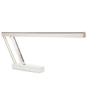 Biała metalowa postmodernistyczna lampa biurkowa świecąca jedną jarzeniówką, włączana przez przesunięcie górnej części do przodu, Holandia, lata 80.