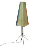 Metalowa lampa podłogowa triopod z kloszem obleczonym wielokolorową szeroką taśmą z elastycznego tworzywa, Czechosłowacja, lata 60-70.