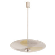 Mlecznobiała szklana trzypunktowa lampa sufitowa „Parasolka” z żółto-szarym ręcznie malowanym geometryczny wzorem, Napako, Czechosłowacja, lata 60.