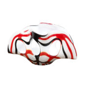 Szklany rozłożysty mleczno biały z czerwono-czarnymi zdobieniami dwuwarstwowy wazon/forma szklana z falbanką "Makora", Huta Szkła Krosno, Polska