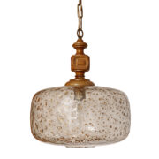 Drewniana lampa sufitowa z dużym mocno spienionym grubym i ciężkim szklanym złotym kloszem, Niemcy, lata 70.