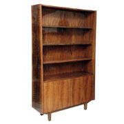 Orzechowa ciemna szafa biblioteczna/witryna "Atos" w połysku, Krakowskie Fabryki Mebli Kraków, Polska, lata 60.