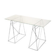 Stół/biurko ze szklanym zbrojonym blatem na metalowych chromowanych koziołkach, lata 80.