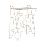 Nieduży prostokątny stolik nocny/pomocnik/gazetnik na metalowej białej konstrukcji ze szklanym transparentnym blatem, Polska, lata 70.