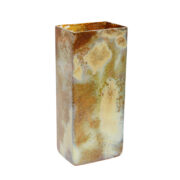 Miedziano rudy nieduży szklany wazon prostopadłościan "Mimoza" z Huty Szkła Gospodarczego Hortensja w Piotrkowie Trybunalskim, Polska, lata 70.