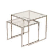 Dwa kwadratowe stoliki pomocnicze/stoliki kawowe/nocne ze szklanymi blatami na metalowych chromowanych profilach, Niemcy, lata 70.