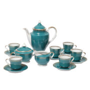 Fabrycznie nowy porcelanowy w kolorze morskim złocony serwis do kawy/herbaty, ZPS "Karolina" w Jaworzynie Śląskiej, Polska, lata 60.