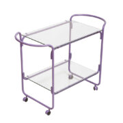Mobilny stolik/wózek barowy na metalowej konstrukcji z giętych rurek polakierowanych na fioletowo z dwoma nakładanymi szklanymi blatami, Niemcy, lata 80.