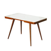 Stolik kawowy z białym szklanym blatem, ramą ze sklejki i drewnianymi wykręcanymi nogami, proj. J. Jiroutek, Interier Praha, Czechosłowacja, lata 60.