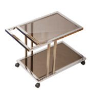 Duży chromowany mobilny stolik/wózek barowy na metalowej masywnej konstrukcji z dwoma nakładanymi blatami, górny przydymiony szklany, dolny lustrzany, Belgo Chrom, Belgia, lata 70.