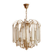 Sześciopunktowa lampa sufitowa złożona z 24 szklanych płatków na złotej metalowej konstrukcji, Hollywood Regency, Hiszpania, lata 90.