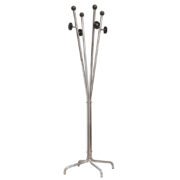 Duży stojący metalowy chromowany wieszak na ubrania Space Age z bocznymi czarnymi okrągłymi uchwytami z tworzywa i górnymi gumowymi zawieszkami w kształcie kuli, Włochy,  lata 60/70.