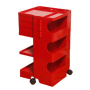 Czerwony mobilny wózek, organizer, stolik pomocnik, ragał z tworzywa sztucznego (ABS) "Boby", projekt Joe Colombo dla firmy Bieffeplast Padova, Włochy, lata 70.