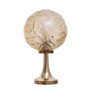 Nieduża lampka biurkowa/nocna ze szklanym fakturowym jasno złotym kloszem w kształcie kuli i plastikową złotą podstawą, ARO Leuchte, Typ 468/13, Niemcy, lata 70