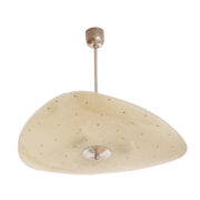 Jasno żółta trójkątna szklana trzypunktowa lampa sufitowa „Parasolka” z geometrycznym częściowo ażurowym wzorem , Kamenický Šenov, Czechosłowacja, lata 60.