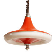 Opuszczana pomarańczowa metalowa lampa sufitowa z okrągłą jarzeniówka i plastikowym kloszem, Space Age, Massive, Belgia, lata 70.
