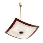 Kwadratowa mlecznobiała szklana trzypunktowa lampa sufitowa „Parasolka” z brązowym obrzeżem, Napako, Czechosłowacja, lata 60.