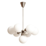 Metalowa siedmiopunktowa lampa sufitowa "Sputnik" ze szklanymi mleczno-białymi okrągłymi kloszami, Kamenicky Šenov, Czechosłowacja, lata 70.