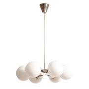 Metalowa sześciopunktowa lampa sufitowa "Sputnik" ze szklanymi mleczno-białymi okrągłymi kloszami, Kamenicky Šenov, Czechosłowacja, lata 70.