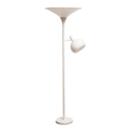 Biała dwupunktowa lampa podłogowa na metalowej lakierowanej na biało konstrukcji i dwoma kloszami z mlecznobiałego pleksiglasu/akrylu, Holandia, lata 80