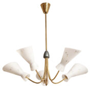 Pięciopunktowy metalowy w kolorze starego złota żyrandol ze szklanymi kloszami w geometryczne wzory, Mid Century Modern, Niemcy, lata 60.