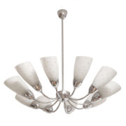 Dziesięciopunktowa okazała chromowana lampa sufitowa ze szklanymi kloszami w stylu Mid Century Modern, Elektroinstala Děčín, Czechosłowacja, lata 60.