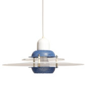 Okrągła kilkupoziomowa lampa sufitowa z metalowej niebieskiej siatki i dwóch dysków jednym metalowym i jednym z przezroczystego pleksi, model "Mercur", Space Age, firma Jeka Metaltryk, Dania, lata 70/80.