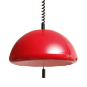 Trzypunktowa czerwona lampa wisząca Space Age z tworzywa sztucznego z regulowaną wysokością, Harvey Guzzini/iGuzzini/Guzzini/Meblo, lata 70.